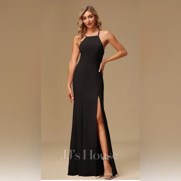 A-line High Neck Floor-Length Chiffon Lace Bridesmaid Dress - Picture 2 of 8